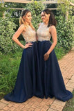 Modest Navy Long A-Line Beading A-Line Prom Dresses PNYNMLEH