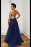 A Line Navy Blue Tulle Prom Dresses Spaghetti Back Crossed Straps PYGKEH6L