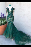 Dark Green See Through Prom Dresses With Sleeves Illusion Neck PJMH9P52