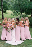 Dusty Pink Chiffon Sheath Off Shoulder Long Bridesmaid Dresses, Wedding Party Dresses STI15141