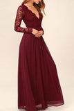 Long Sleeves V-Neck Lace Chiffon A-Line Maroon Prom Dresses P8D37PP2