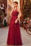 Elegant V Neck Burgundy Beads Appliques Lace Evening Dresses, Long Prom Dresses STI15211