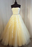 A Line Yellow Strapless Tulle Lace Appliques Prom Dresses, Party STI15617