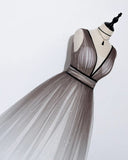 Elegant A Line Long Tulle V Neck Straps Prom Dresses, Lace up Party Dresses STI15147