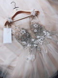 A Line Spaghetti Straps Tulle Beads V Neck Prom Dresses, Hand Made Flowers Wedding Dress STI15031