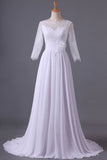 2024 Bateau 3/4 Length Sleeve A Line Wedding Dresses Chiffon With Applique & Handmade PDMZEK1M