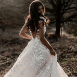 A Line Ivory V Neck Country Wedding Dresses with Appliques, Beach Wedding Gowns STI15548