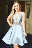 A-Line V-Neck Light Sky Blue Satin Homecoming Dress PR912419