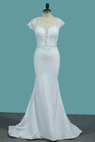 2024 Wedding Dresses Spandex Bateau Cap Sleeve With Applique And Beads PS1F53ZR