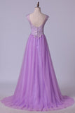 2024 V Neck A Line/Princess Prom Dress Tulle With Applique PT8FB91T