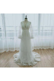 A Line Long Sleeves Deep V Neck Lace Backless Wedding Dresses Long Bridal STIPBASH993