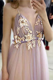 Elegant A Line Spaghetti Straps V Neck Prom Dress With Handmade Flowers, Bridesmaid Dress STI15577