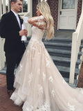 A line V Neck Asymmetrical Long Sleeve Lace Tulle Wedding Dresses with Train Prom Dress