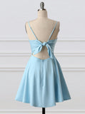 Blue A-Line Spaghetti Straps Short Satin Homecoming Dresses