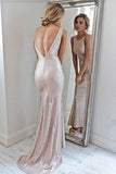 Elegant Open Back Mermaid Sweep Train Round Neck Sleeveless Prom Dresses