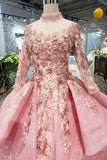 Long Sleeve Ball Gown High Neck With Lace Applique Beads Lace up Prom Dresses