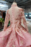 Long Sleeve Ball Gown High Neck With Lace Applique Beads Lace up Prom Dresses