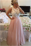 Gorgeous Lace Chiffon A-Line Formal Prom Gown With Pearls Blush Pink Long Prom Dresses