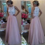 Gorgeous Lace Chiffon A-Line Formal Prom Gown With Pearls Blush Pink Long Prom Dresses