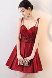 A Line Burgundy V Neck Lace Spaghetti Straps Short Prom Dresses Homecoming Dresses