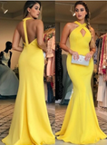 Sexy Sheath Halter Floor Length Ruffles Satin Prom Dresses Yellow Long Formal Dresses