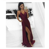 Sexy A-line Halter Burgundy V-Neck Backless Slit Sleeveless Long Evening Prom Dresses