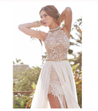 Sexy Lace Backless Long Chiffon High Neckline Halter Side Slit Prom Dress