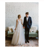 A Line Ivory Lace Long V Neck Beach Wedding Dress with Appliques Bridal Dresses