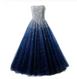 Best Ball Gown Strapless Floor Length Tulle Navy Blue Prom/Evening Dresses with Beading