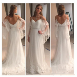 A Line Spaghetti Straps Sweetheart Lace Illusion Sleeves Backless Beach Wedding Dresses