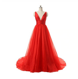 Red V-neck Backless Long Tulle Prom Dresses Evening Dresses