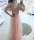 High Fashion A-Line V-Neck Off Shoulder Blush Pink Long Tulle Prom Dresses with Beads