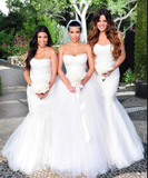 Gorgeous White Tulle Strapless Mermaid Long Cheap Simple Long Bridesmaid Dresses