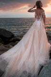 A Line Pink Long Sleeves Round Neck Tulle Wedding Dresses with Appliques, Wedding Gowns STI15012