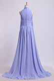 High Neck Prom Dresses Pleated Bodice A-Line Chiffon Sweep STIPQS3MK7G