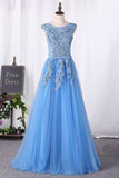 2024 Prom Dresses A Line Lace Up Tulle Scoop With Applique PGP1B2L1