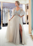 Elegant Chiffon Champagne A Line Floor Length Prom Dresses