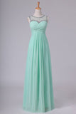 2024 Mint Scoop A Line Prom Dresses Chiffon With Beads & Ruffles Floor P8ELAPYL