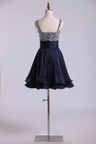 2024 Straps A Line Mini Prom Dress Beaded Bodice With Pleated PFCPP6EB