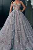 Princess Strapless Sweetheart Beads Ball Gown Rhinestone Prom Dress with Long Sparkly STI15308