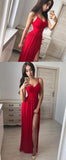 Sexy Tight Red Spaghetti Straps V Neck Front Split Simple Casual Long Prom Dresses For Teens