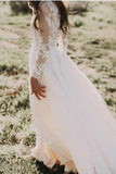 Long Sleeve Rustic Wedding Dresses Lace Appliqued Ivory Beach PTK7PAK8