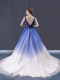 Ball Gown Ombre V Neck Tulle Royal Blue Long Prom Dresses, Quinceanera Dresses STI15067