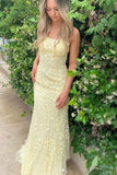 Charming Mermaid Yellow Spaghetti Straps Lace Appliques Prom Dresses with Criss Cross STI15113