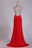 2024 Red High Neck Prom Dresses Sheath/Colum With Beading P3XSANTS