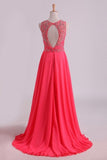 2024 Water Melon Prom Dresses Scoop A Line Beaded Bodice Open Back Chiffon & PXCLZ7BH