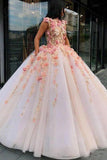 Princess Ball Gown Pink Tulle Prom Dresses with Handmade Flowers, Quinceanera STI20430