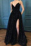 Sparkle Sequin Spaghetti Strap Black Long Prom Dresses With Slit PMLKS6FP