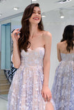 Charming Sweetheart Strapless Lace Appliques Lilac Prom Dresses with STI20404