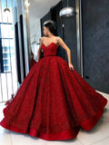 Sparkly Ball Gown Burgundy Strapless Sweetheart Prom Dresses, Long Quinceanera Dresses STI15428